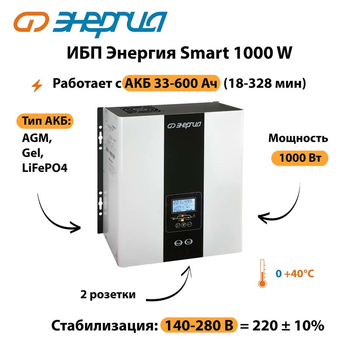 ИБП Энергия Smart 1000W - ИБП и АКБ - Энергия ИБП Smart - . Магазин оборудования для автономного и резервного электропитания Ekosolar.ru в Чебоксаре